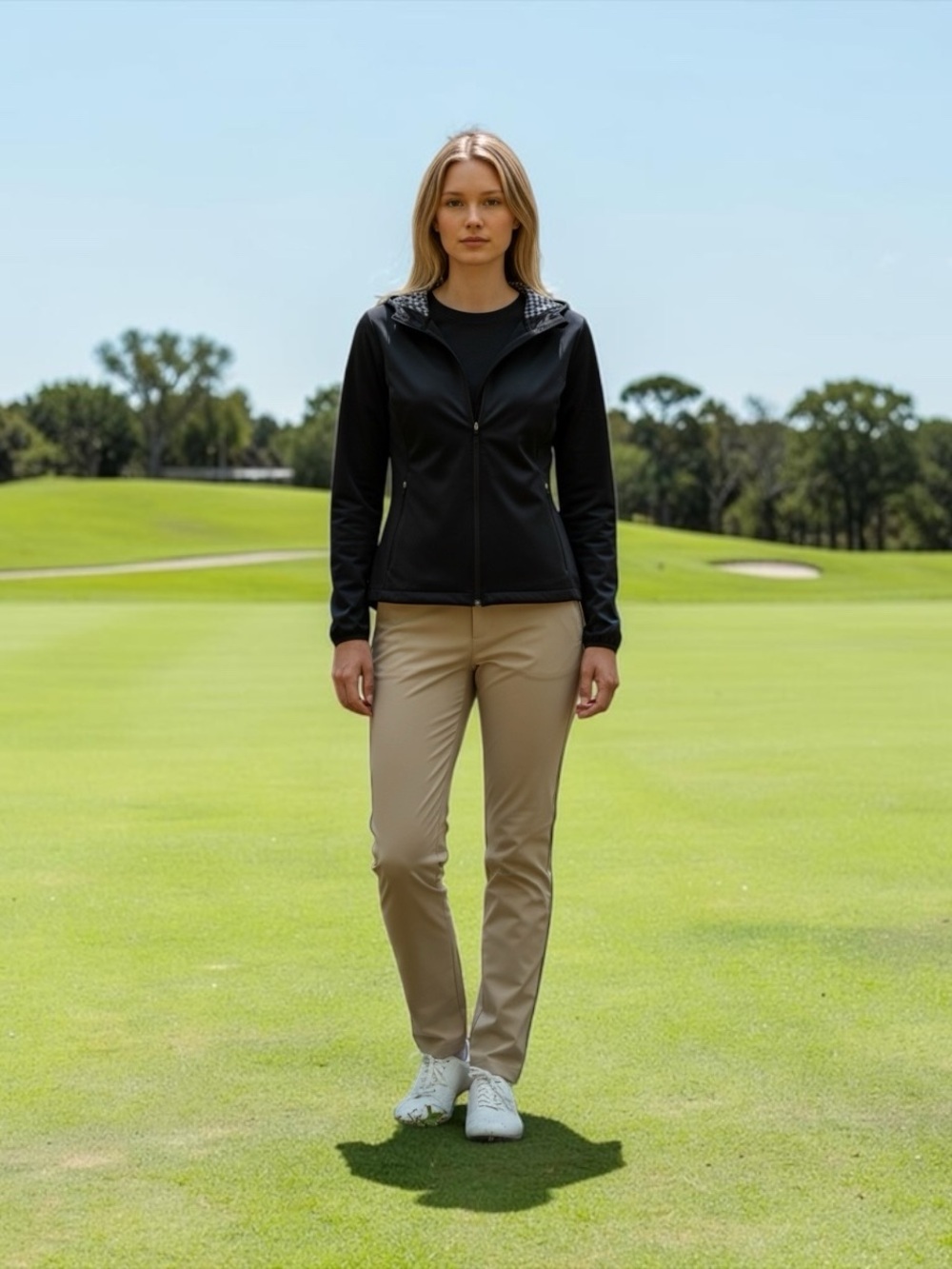 Nike Golf, Black Full Zip Hooded Jacket Windbreaker Women’s Check Lined, Large
